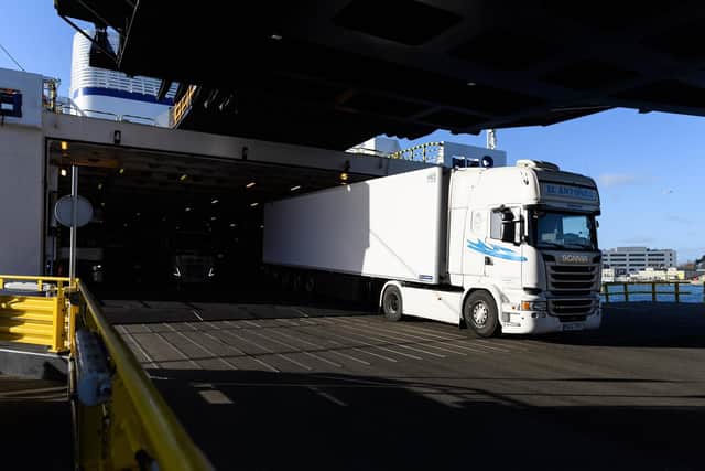 A lorry carrying freight cargo disembarks from a Brittany Ferries service from Caen to Portsmouth International Ferry Port on January 08, 2019 in Portsmouth, England. Picture: Leon Neal/Getty Images