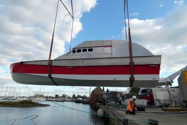 Team Britannias round the world superboat Excalibur has hit the water for the first time at a boatyard at Hayling Island.Picture: Team Britannia