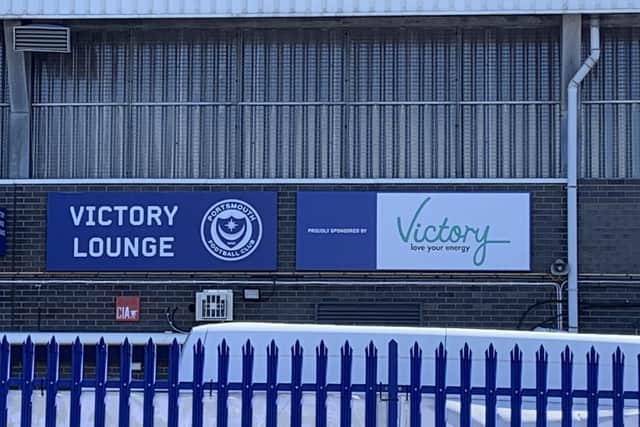 Defunct council-owned company Victory Energy sponsored Portsmouth Football Club in March 2018 in a three-year deal. A sign shown the now-closed public firm at Victory Lounge, Fratton Park, in Portsmouth.