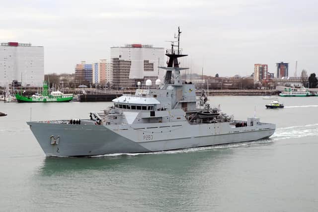 HMS Mersey leaving Portsmouth Harbour on Thursday, November 3, as Britain looks to use the military to respond to the migrant crisis in Dover.Picture: Sarah Standing (030119-5055)