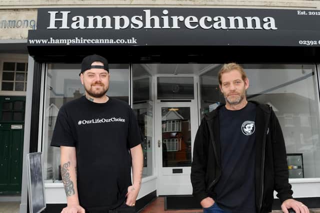 Activist group Hampshire Canna has opened a CBD shop in London Road, Hilsea selling smoking supplies as well as cannabis oil products.Pictured is: (l-r) Perry Toovey, activist and works at the new shop with owner Sy Dignam.Picture: Sarah Standing (071019-8384)