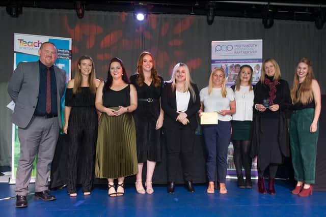 Teach Portsmouth Awards at the Gaiety bar, Southsea. Pictured : Craig Noble with nominees for the award of Outstanding progress. Picture : Habibur Rahman