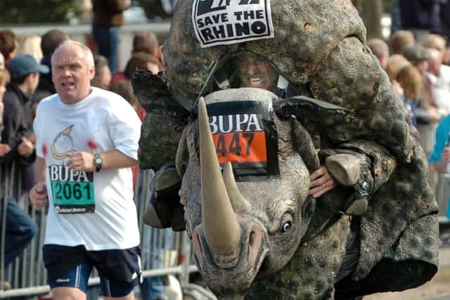 Rhino costumed runner nearing the finish in the BUPA Great South Run 2004 event at Clarence Esplanade, Southsea. Michael Scaddan (044970-0657)