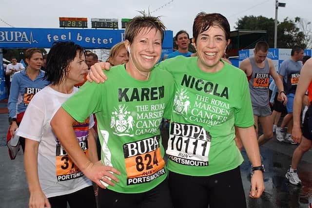 Great South Run. Karen Turnbull and Nicola Burres celebrate after crossing the finish line in 2007. Picture: Will Caddy (074358-27)