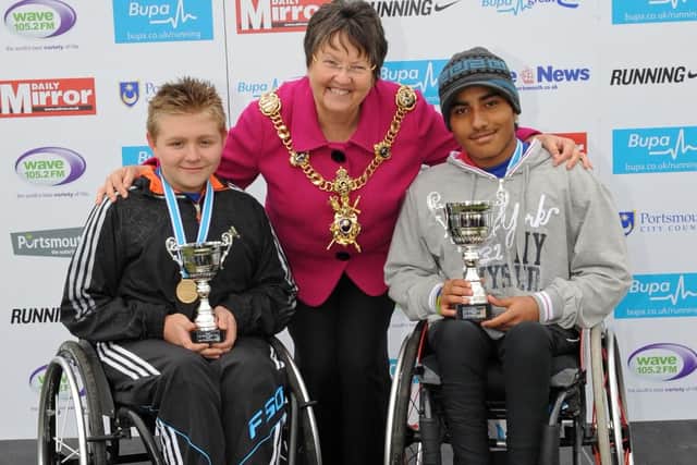 2010 Wheelchair winners. (left to right) second place Jack Binstead, with the Lord Mayor of Portsmouth Cllr. Paula Riches, and Muhidin Sheick. Picture: Malcolm Wells (103420)