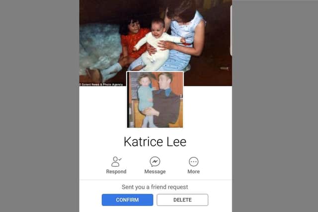 The friend request received by Natasha Walker on Facebook from a profile purporting to be her missing sister Katrice Lee. Picture: Natasha Walker