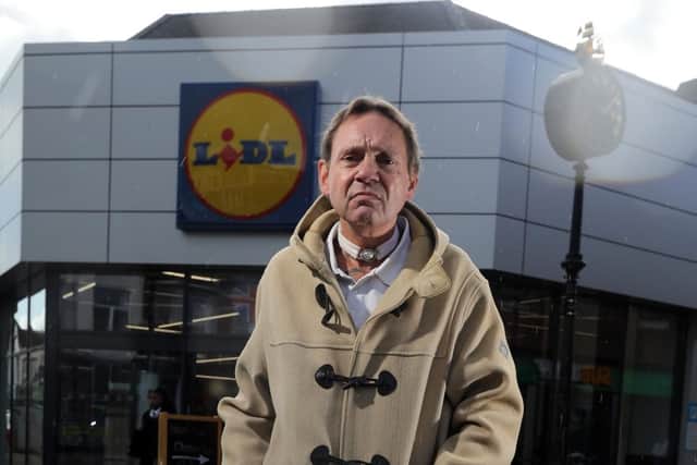 Paul Bailey and his dog Bailey. Mr Bailey was wrongfully accused of shoplifting from this Lidl in London Road, Portsmouth.
Picture: Chris Moorhouse     (091019-27)