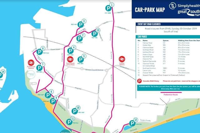 Map of the car park options for the Great South Run