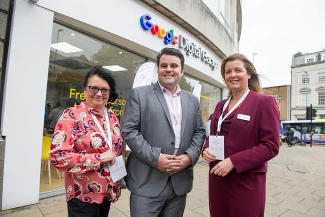 DWP staff,  Leone Hill, Craig Forster-Kirkham and Anna Marshall outside the Google training hub.
Picture: Habibur Rahman