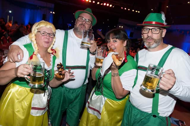 Portsvaria Oktoberfest 2019 - Pyramids Plaza  transport you to Bavaria serving up German inspired beer, food with live music - (L-R) Sandy and Bryan Mariner with Jo Burden and Neil Gray
Picture: Duncan Shepherd