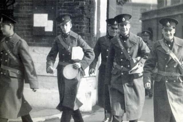 Four survivors from HMS Royal Oak. From the left: (l/r) AS Amor, AJ Wheatland, F White and KJJ Wood.