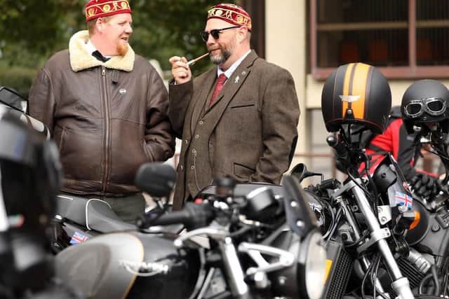 Steven Goulden, left, and Phil Elderfield, both of Windsor Monarchs. Distinguished Gentlemens Ride on vintage motorcycles, Guildhall Square, Portsmouth. Picture: Chris Moorhouse (290919-37)