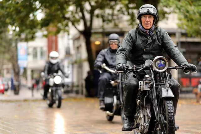 Distinguished Gentlemens Ride on vintage motorcycles, Guildhall Square, Portsmouth. Picture: Chris Moorhouse (290919-42)
