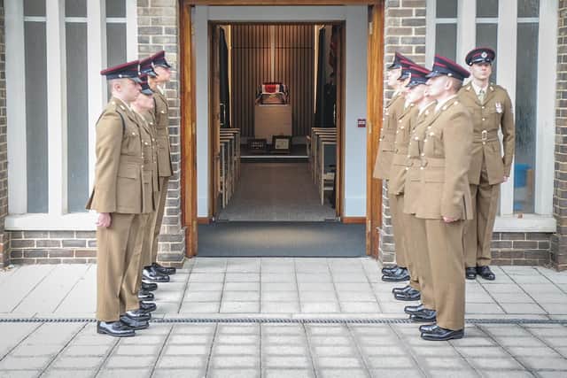 Guard of honour, 22 Royal Engineers stand outside the Crematorium.

Picture: Habibur Rahman
