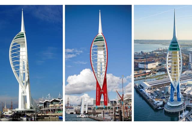 The Spinnaker Tower white as it was in 2005, CGI of the abandoned red paint job proposed in 2015, and how the 560ft structure looks today in Gunwharf Quays