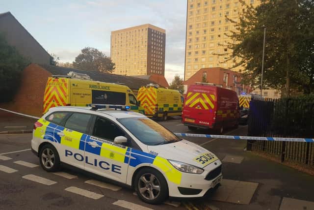 Emergency services have been called to Tipton House in Warwick Crescent, Somers Town, Portsmouth, after reports of a chemical incident. Picture: Habibur Rahman