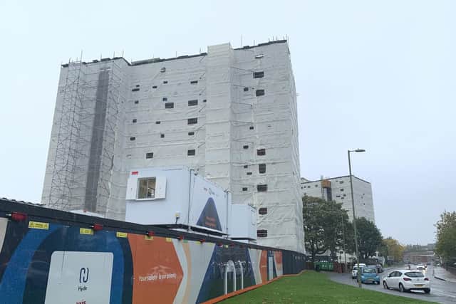Hammond Court with Blake Court in the background, also covered in sheet plastic. Picture: Ben Fishwick