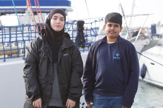Habibah Taher, 15, and Aqeel Ahmed 14, after completing the Tall Ships Youth Trust Round UK Sailing Challenge.
Picture: Habibur Rahman