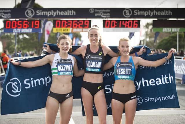 Winner Eilish McColgan flanked by runner-up Verity Ockenden and third placed Jenny Nesbitt