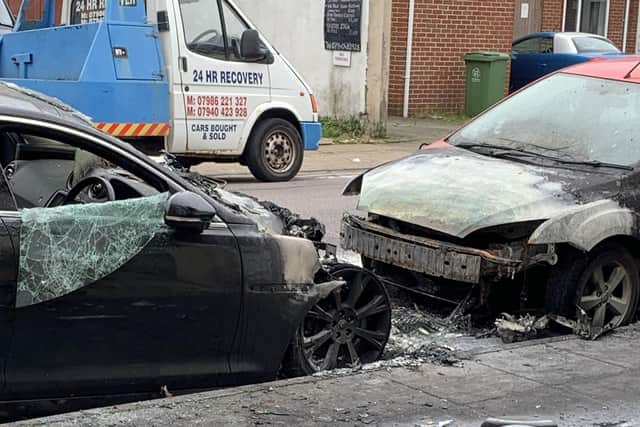 A Ford Focus and another car in Powerscourt Road near the junction with Drayton Road went up in flames at 4.20am on Monday, October 21, 2019. Picture from resident