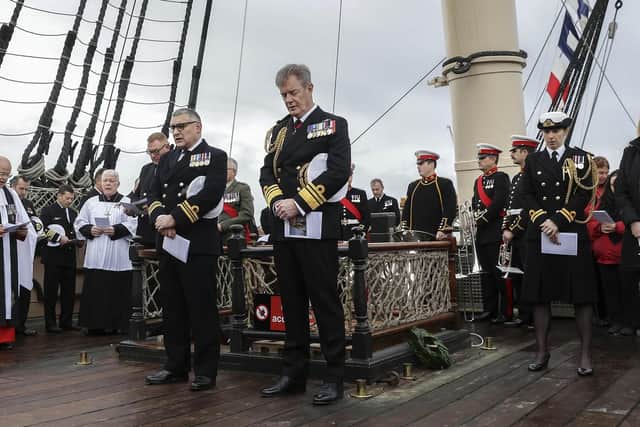 Sailors from across Portsmouth gathered on HMS Victory to mark the 214th anniversary of the Battle of Trafalgar. Photo: Leading Photographer Ben Corbett
