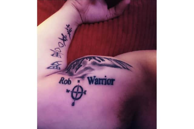 Amputee Lance Smith climbed Kilimanjaro in memory of his brother-in-law Rob Davies. Pictured: Lance's tattoo in memory of Rob