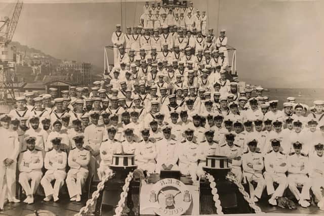 The ship's company of the C-Class destroyer HMS Comus in the early 1950s. Picture: Karen Thake collection.