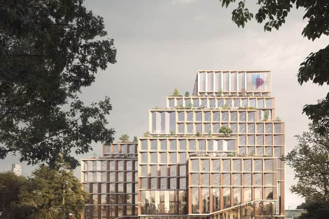 Design B in the shortlist of proposals for the University of Portsmouth Victoria Park site.