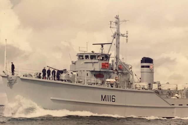 HMS Wilton leaves Portsmouth with Lt-Cdr Thake in command. Picture: Karen Thake family collection.