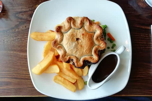 Steak and ale pie with chips, veg and gravy at Castle in the Air, Fareham