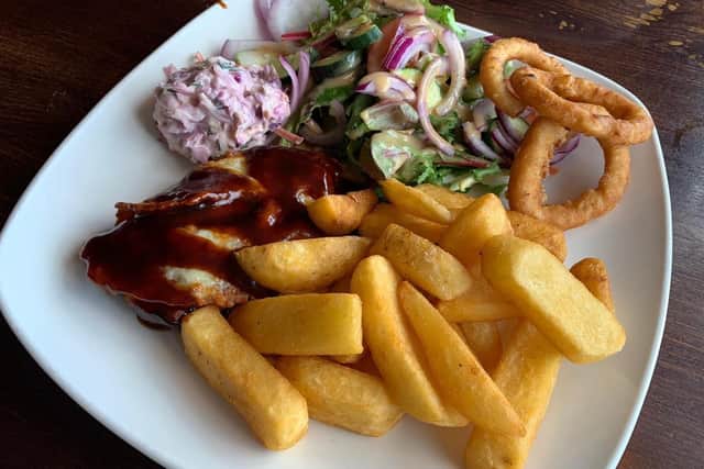 Hunter's chicken with chips, onion rings, salad and coleslaw from the Castle In The Air, Fareham