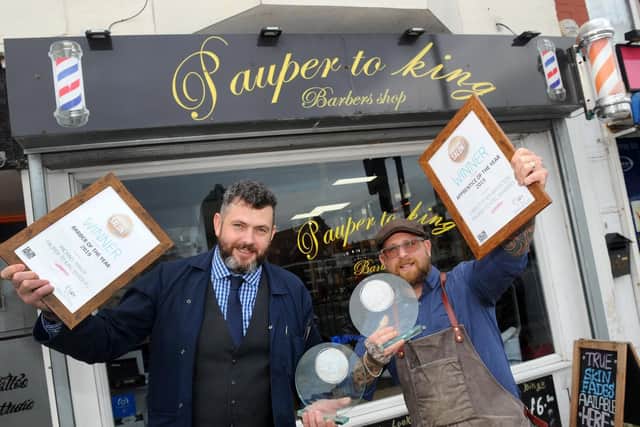 Mike Baker, left, owner of Pauper to King and winner of the Barber of the Year award with Christopher Brereton, apprentice at Pauper to King who won the Apprentice of the Year award.
Picture: Sarah Standing (291019-419)