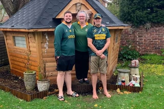 Thrilled South Africans Gary Bieske, left, with his mum Joanne, centre, and dad Gerrie, right, outside their home in Havant