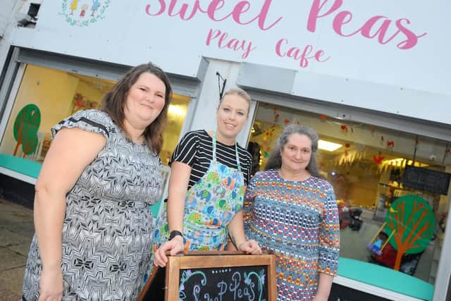 (left and right) Owners of Sweet Peas Claire White and Pamela Lawrence with Sarah Henderson, play assistant. Picture: Sarah Standing (011119-975)