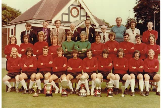 Fareham Town, circa mid-1970s. Back (from left) Terry Cannings, Dave Thomas, Ken Atkins, Len Abrahams, John Richardson, Ernie Hills, Alan Williams, Arthur Williams, Tom Jewitt. Middle: Bobby Taubman, George De St Croix, Dick Cade, Richard Duke, Paul Grant, Mick Richards, Phil Pollard, Jimmy Searle, Dave Ings, Barry Bailey, Ian Broomfield. Seated: Jim Ramsay, Barry Brear, Peter Farley, Roger Buckland, Tony Callahan, Mick ONeill, Dave Stokes, Mick Swain, Simon ONeill, Ian Brown.