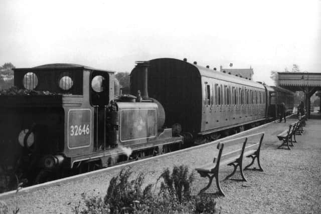 Awaiting departure from Hayling Island. A 1961 view along the platform at Hayling.