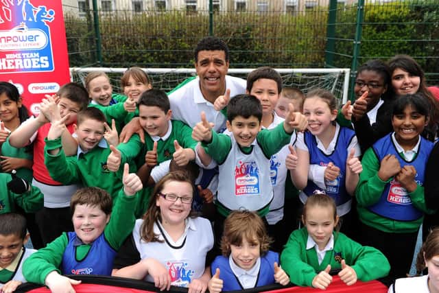 Chris Kamara visited Cottage Grove Primary School, Southsea, in March 2011 to launch the 'Respect' programme alongside Pompey's community coaches. Picture: Allan Hutchings