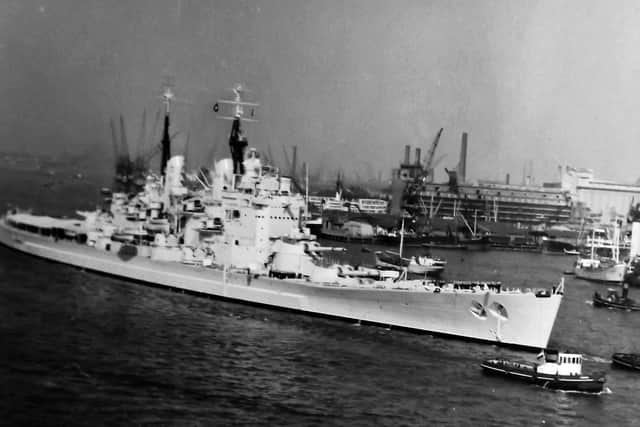 I believe this is HMS Vanguard leaving Portsmouth. Can readers confirm the location?  Picture: Barry Cox collection.
