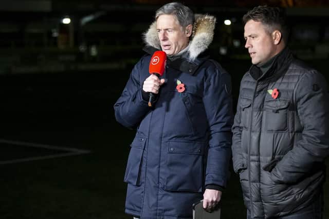 Matt Smith and Michael Owen presenting for BT Sport during a power cut
