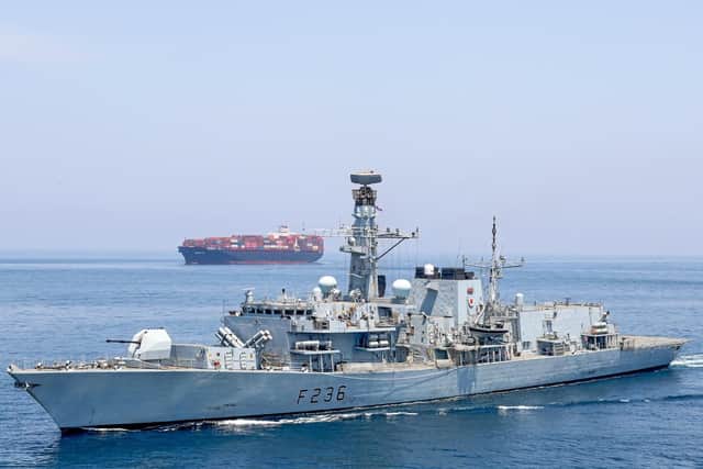 HMS Montrose pictured escorting British cargo container Brighton through the Gulf. Credit: LPhot Rory Arnold