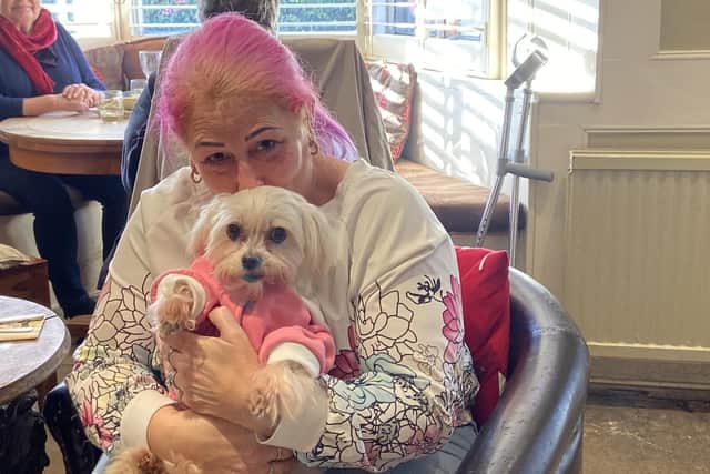 Elaine Potter, from Selsey, gave her dying Maltese dog Phoebe a special treat of a rare steak. Pictured: Elaine and Phoebe at the Earl of March