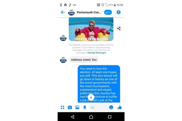 The first replies sent by the Portsmouth Conservatives' Facebook page to Mr Vine, after he launched a rant addressed to Penny Mordaunt. Picture: Brent Vine