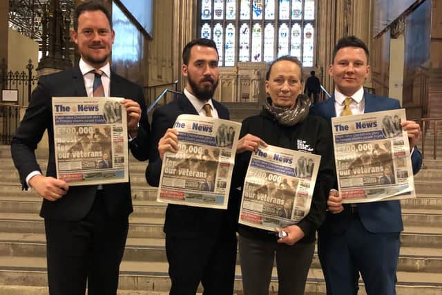 Campaigners from Portsmouth pictured in parliament after a hearing on veterans suicide rates. From left, Cllr Stephen Morgan, Dan Arnold, Viv Johnston and Stephen James. Picture: Tom Cotterill