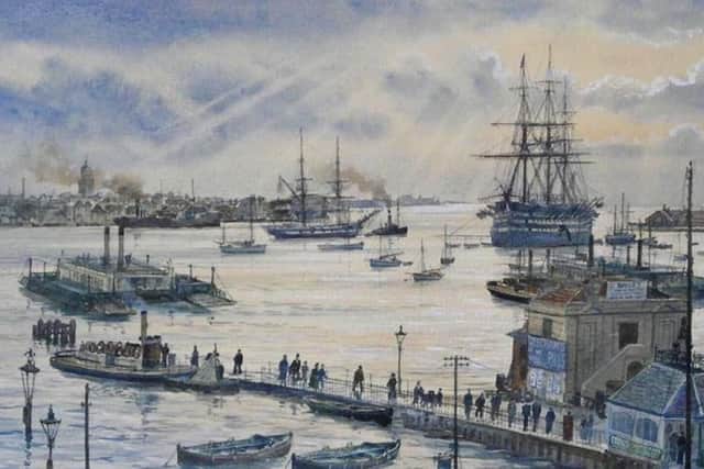 The chain ferry from the Gosport side of Portsmouth Harbour. Painting by marine artist: Colin M Baxter.