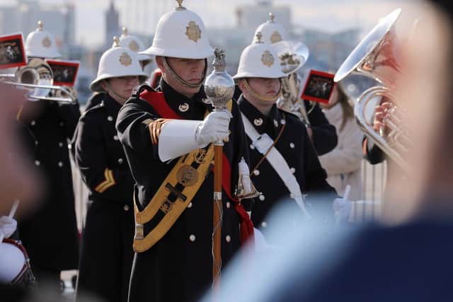 HMS Prince of Wales arrives into Portsmouth. Pictured: members of the Royal Marines Band perform to mark the ship's arrival. Picture: Royal Navy