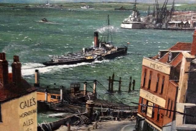A view across the rooftops and up Portsmouth Harbour from the Still and West pub, Old Portsmouth. A painting by Michael North.