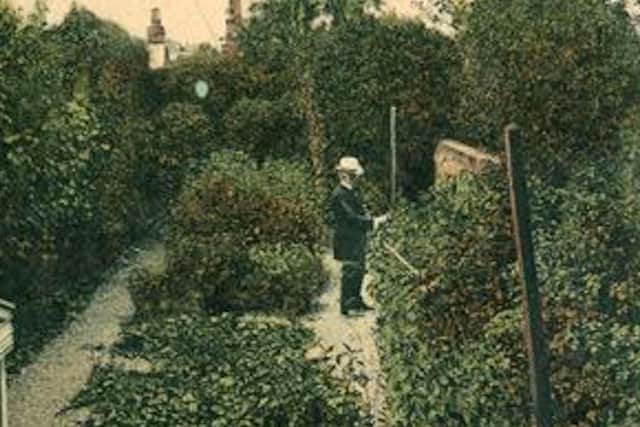 Not a sight well-known to many people - a postcard view of the back garden of 393 Commercial Road, Landport. Portsmouth, Charles Dickens's birthplace.