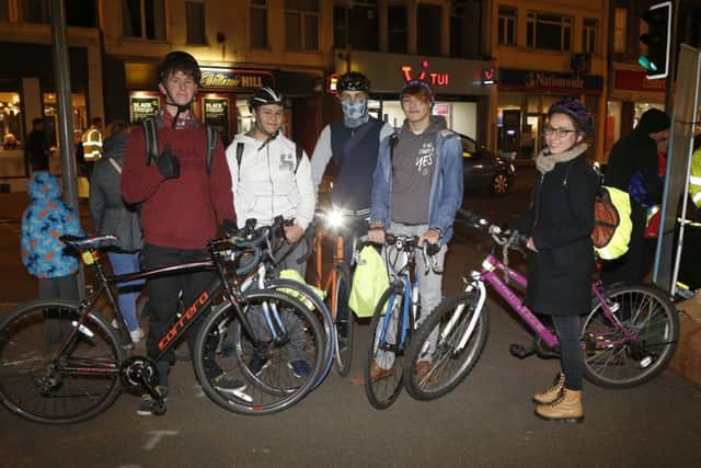 Benjamin Dawson, Ryan Azulay-Canares, Angus Gueterbock, Michael Azulay-Canares and Agnieszka Tomza with their bikes all lit up
