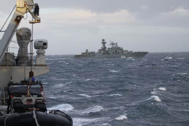The Russian destroyer Vice Admiral Kulakov as seen from HMS Somerset in the Moray Firth this week. HMS Somerset was tracking her through British waters