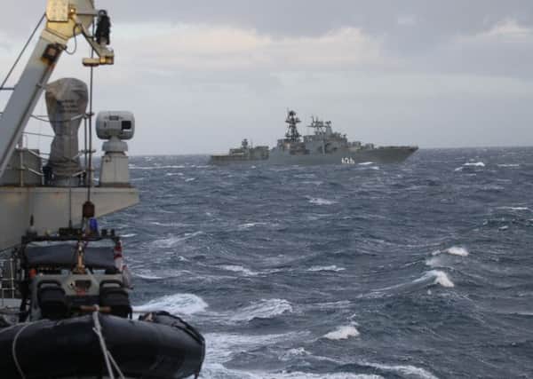 The Russian destroyer Vice Admiral Kulakov as seen from HMS Somerset in the Moray Firth this week. HMS Somerset was tracking her through British waters